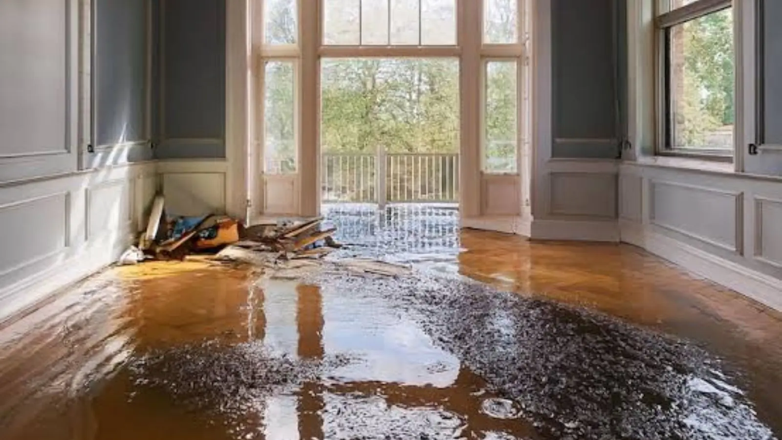 Flooded hardwood floor in a bright room with tall windows after a flood