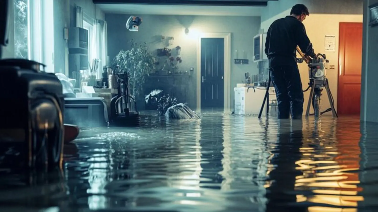 Technician working with drying equipment in a flooded room